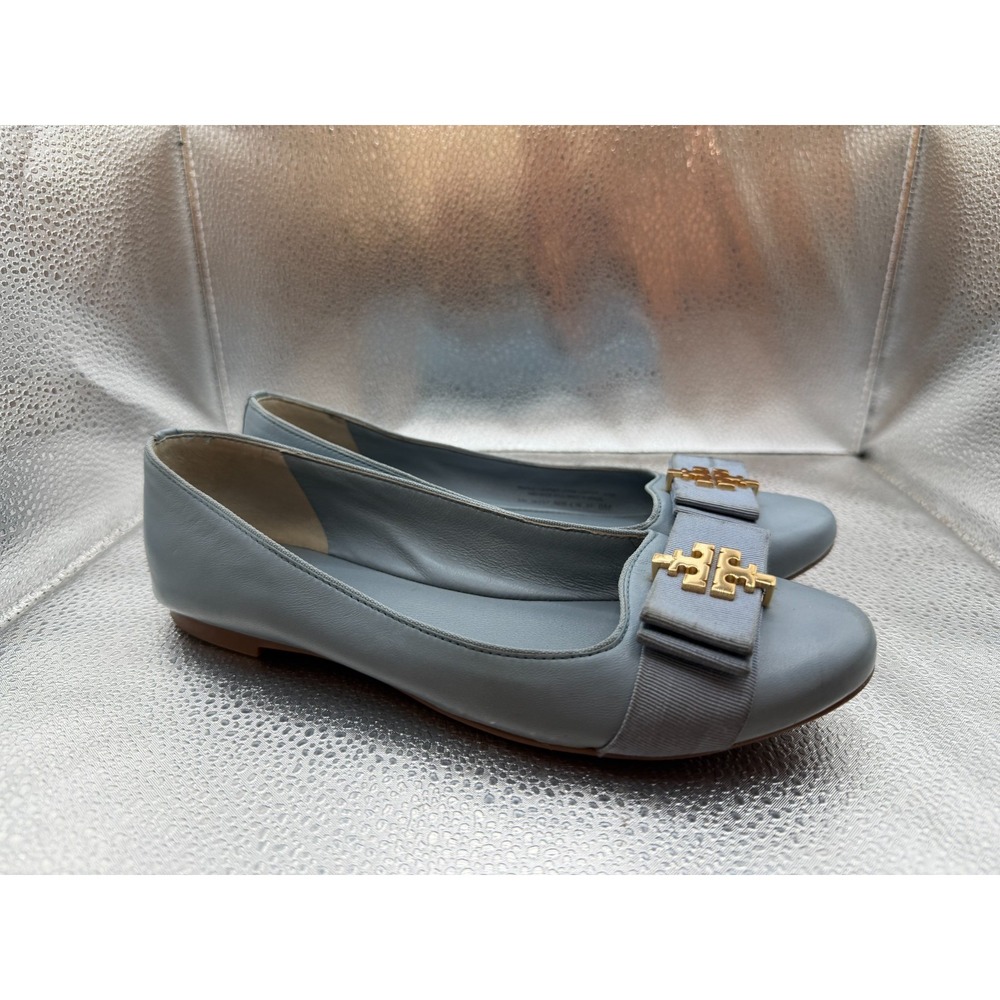 Size 6M Tory Burch Sedgewick Blue Womens Gold Logo Medallion Leather Ballet Flat